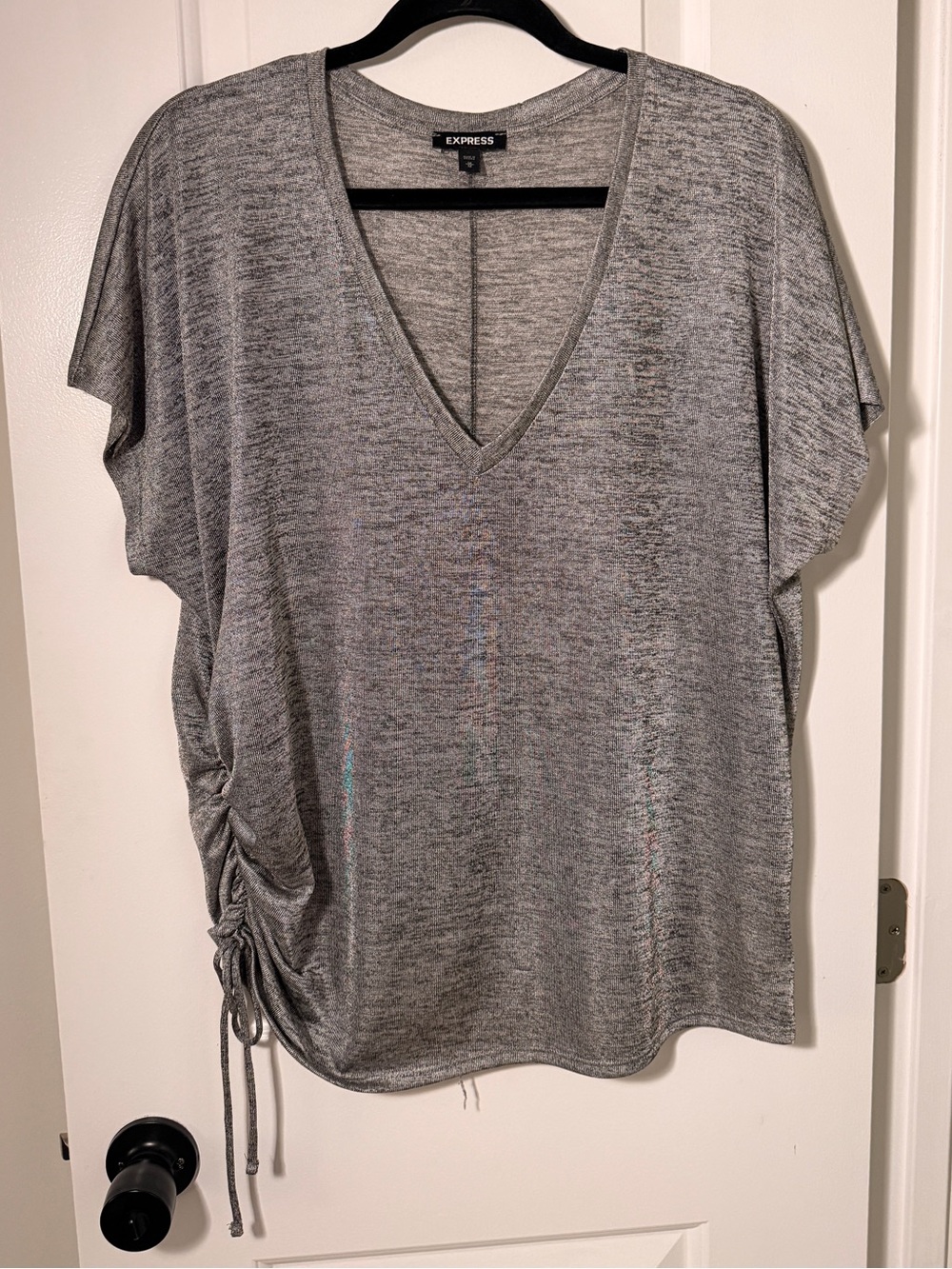 Express Gray V-Neck Side Ruched Short Sleeve Top